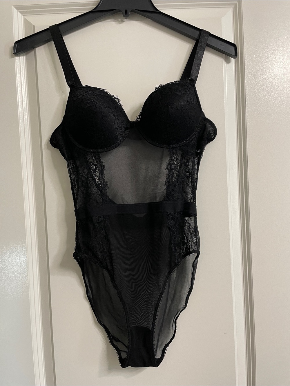 Sophie b. Sexy Black Lace Mesh Strappy Bustier Bodysuit Lingerie Teddy Size L - Picture 2 of 9